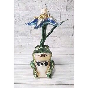Slavic Treasures Blooming Thoughts Frog Blown Glass Christmas Ornament 6” RARE